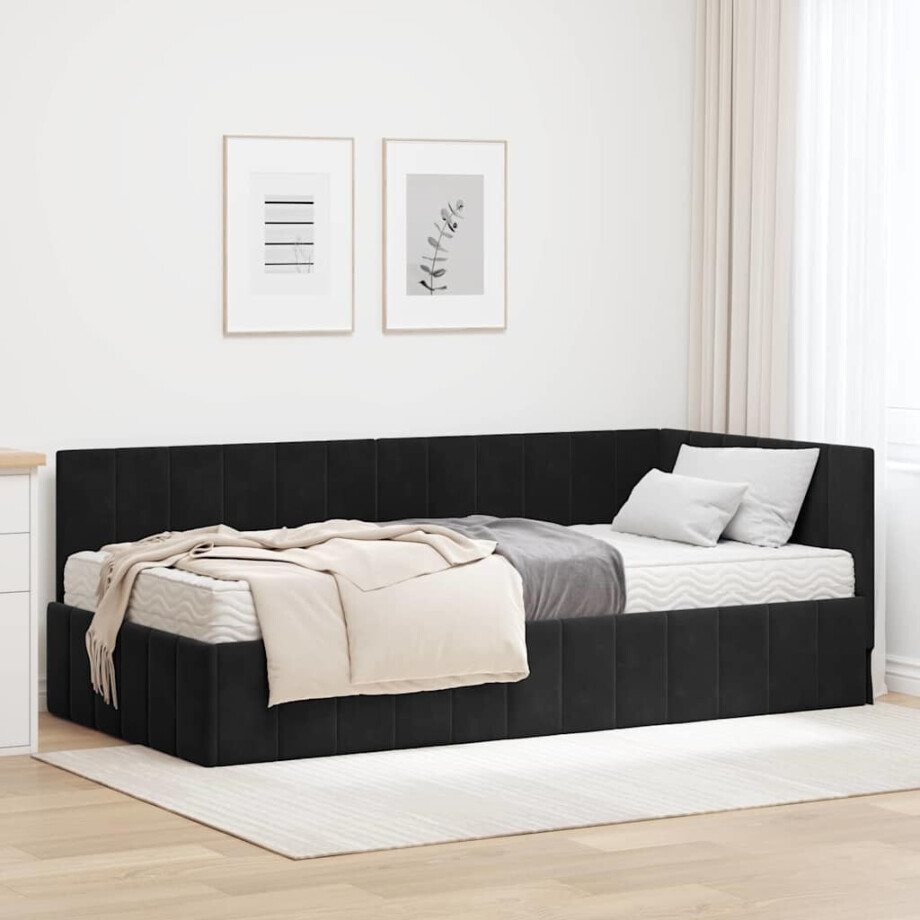 vidaXL Hoekbedframe met Matras met matras 2 pcs Zwart Fluweel afbeelding 1