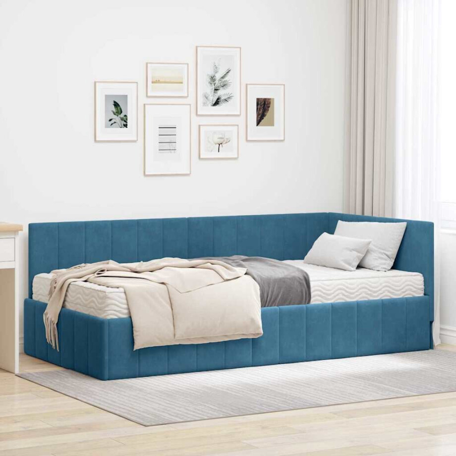 vidaXL Hoekbedframe met matras Blauw 90 x 200 cm Fluweel afbeelding 1