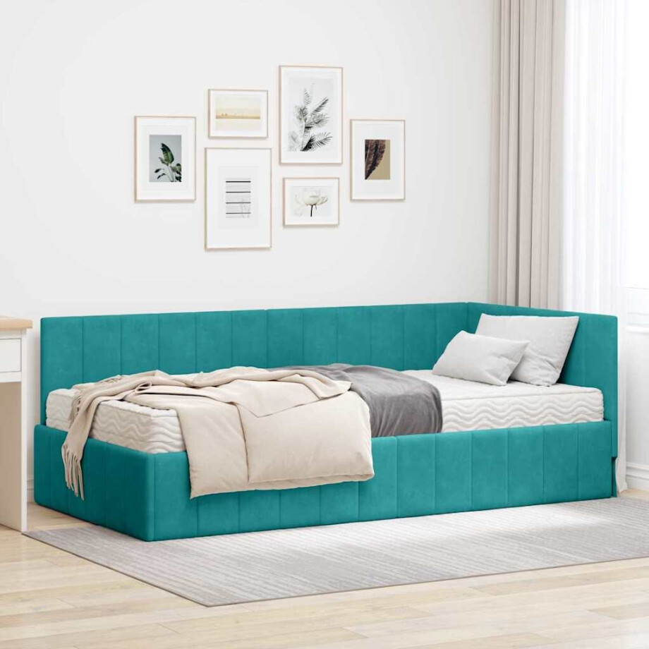 vidaXL Hoekbedframe met matras Turquoise 100 x 200 cm Fluweel afbeelding 1