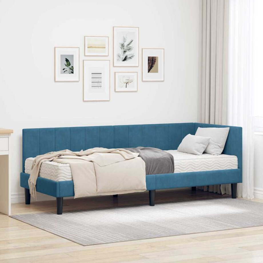 vidaXL Hoekbedframe met matras Blauw 80 x 200 cm Fluweel afbeelding 1