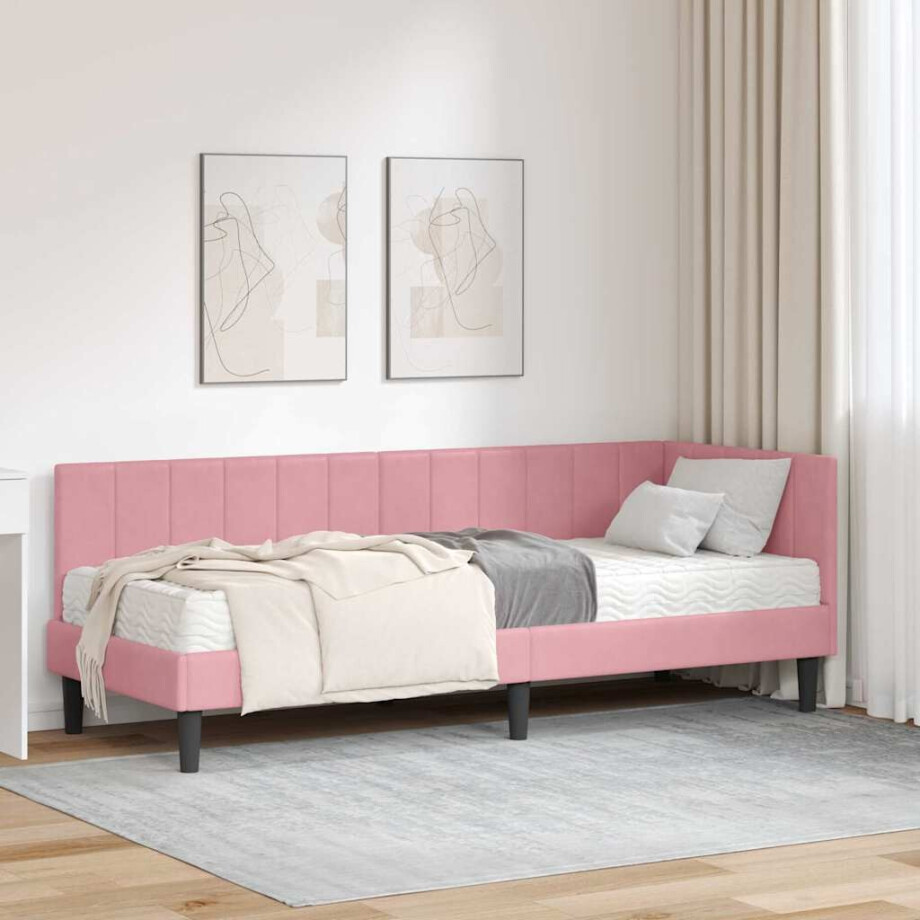 vidaXL Hoekbedframe met matras met hoofdeinde Roze 80 x 200 cm Fluweel afbeelding 1