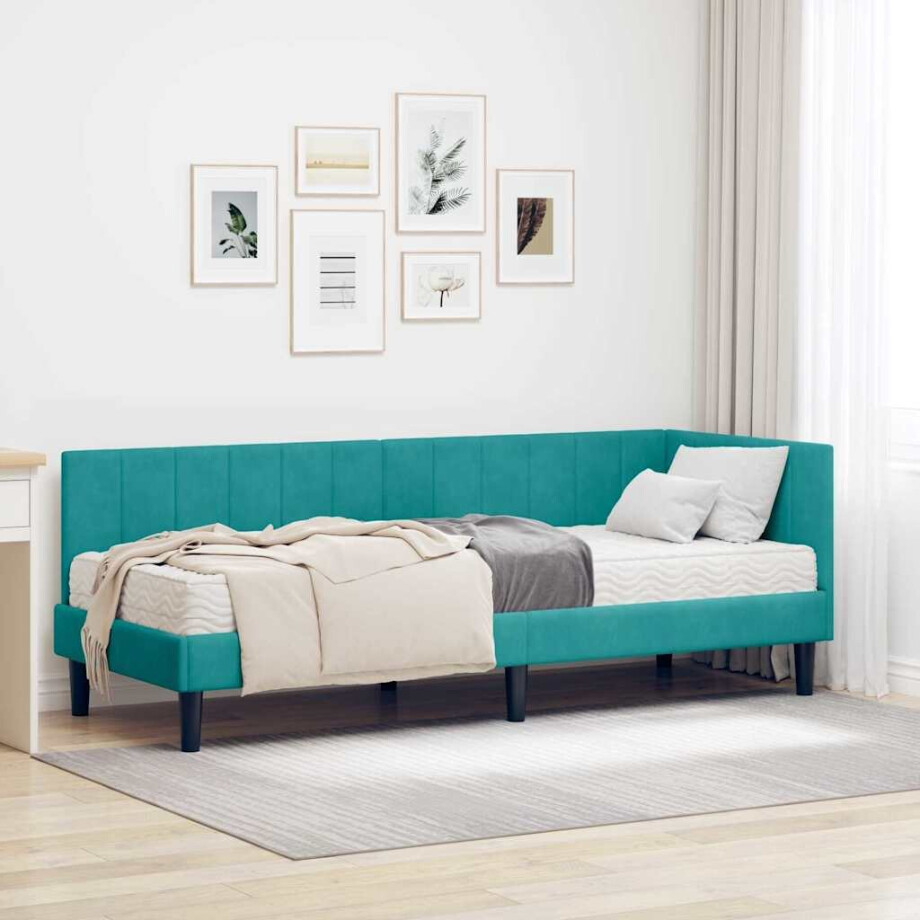 vidaXL Hoekbedframe met Matras met matras 2 pcs Turquoise Fluweel vidaXL Hoekbedframe met Matras met matras 2 pcs Turquoise Fluweel afbeelding 1