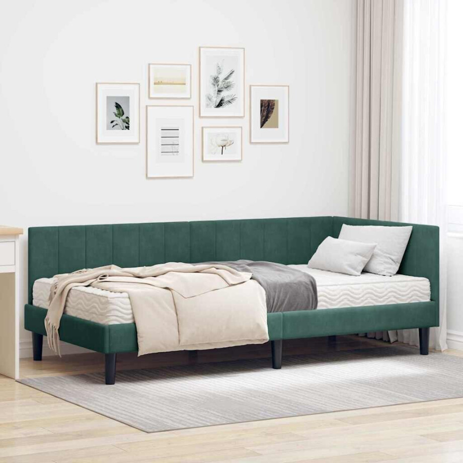 vidaXL Hoekbedframe met matras Donkergroen 90 x 190 cm Fluweel afbeelding 1