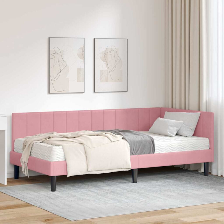 vidaXL Hoekbedframe met matras met hoofdeinde Roze 90 x 200 cm Fluweel afbeelding 1