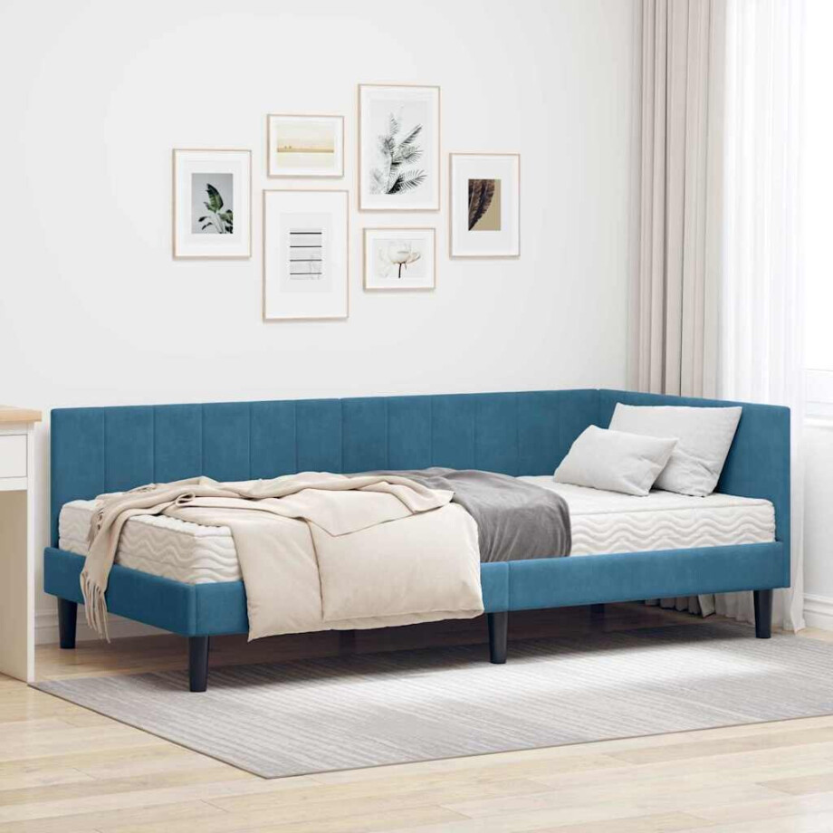 vidaXL Hoekbedframe met matras Blauw 100 x 200 cm Fluweel afbeelding 1