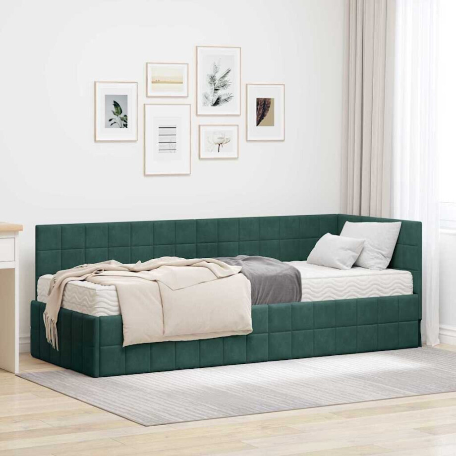 vidaXL Hoekbedframe met Matras met hoofdeinde 2 pcs Groen Fluweel afbeelding 1