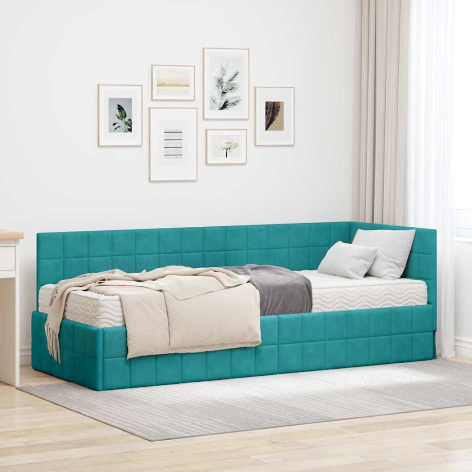 vidaXL Hoekbedframe met Matras met hoofdeinde 2 pcs Turquoise Fluweel afbeelding 1
