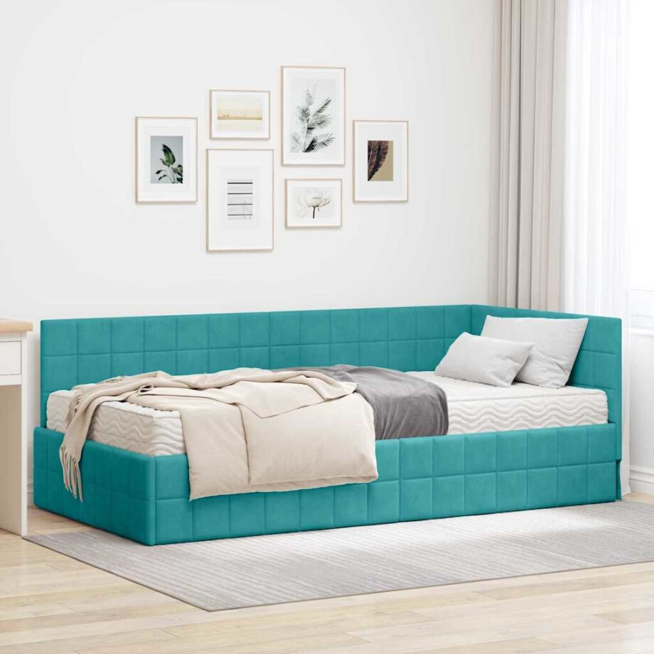 vidaXL Hoekbedframe met Matras met hoofdeinde 2 pcs Turquoise Fluweel afbeelding 1