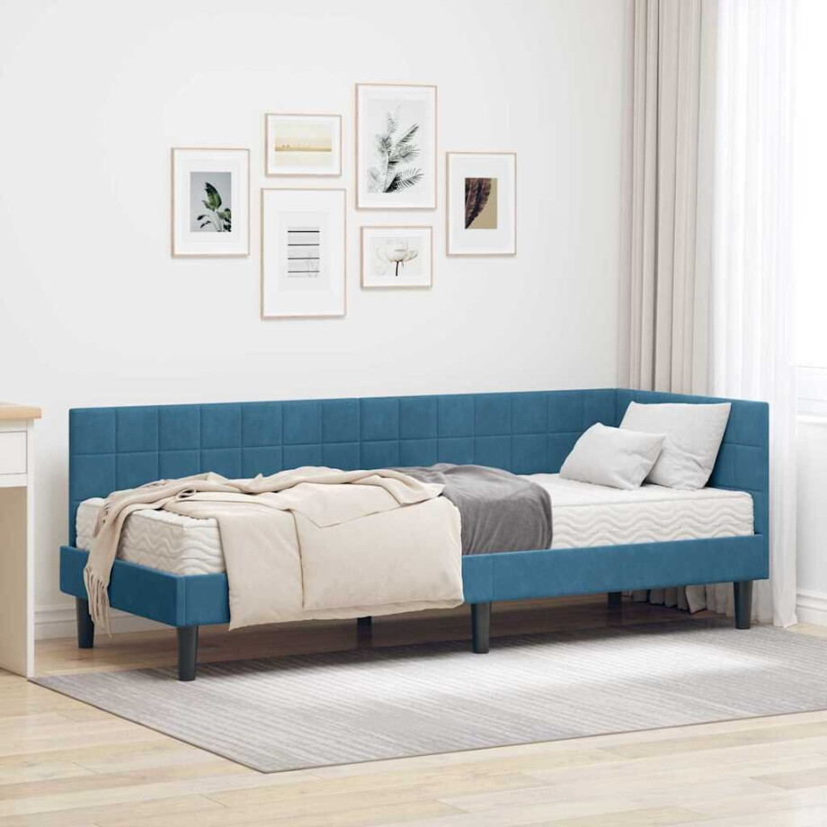 vidaXL Hoekbedframe met Matras met hoofdeinde 2 pcs Blauw Fluweel afbeelding 1