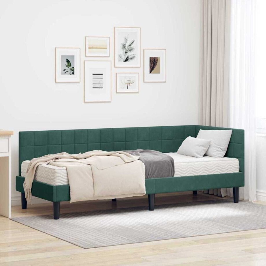 vidaXL Hoekbedframe met Matras met hoofdeinde 2 pcs Groen Fluweel afbeelding 1
