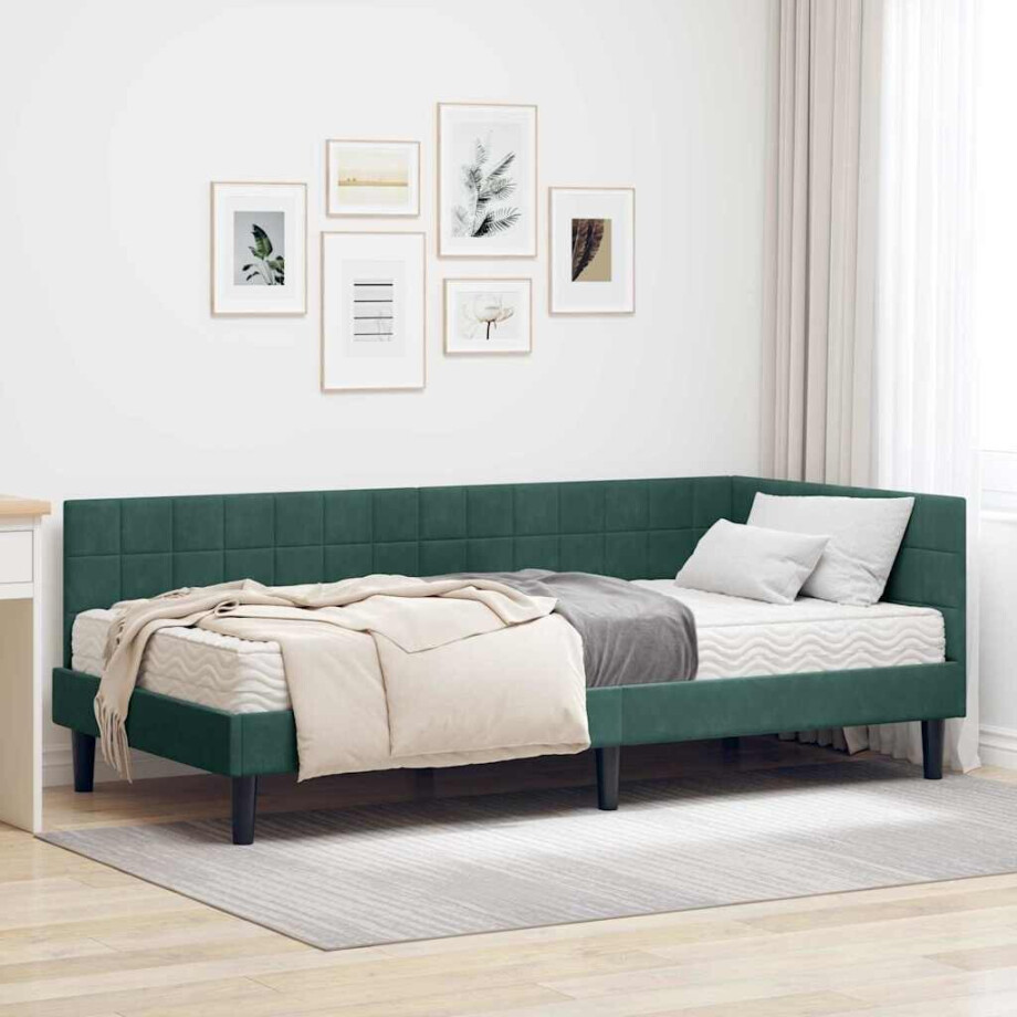 vidaXL Hoekbedframe met Matras met hoofdeinde 2 pcs Groen Fluweel afbeelding 1