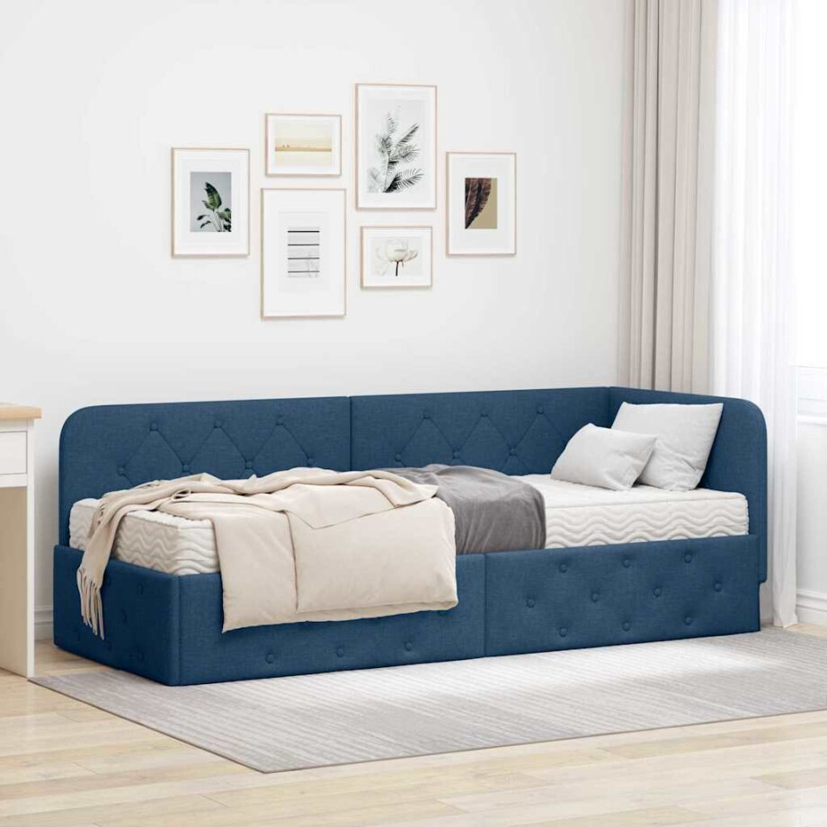 vidaXL Hoekbedframe met matras met hoofdeinde Blauw 80 x 200 cm Stof vidaXL Hoekbedframe met matras met hoofdeinde Blauw 80 x 200 cm Stof afbeelding 1