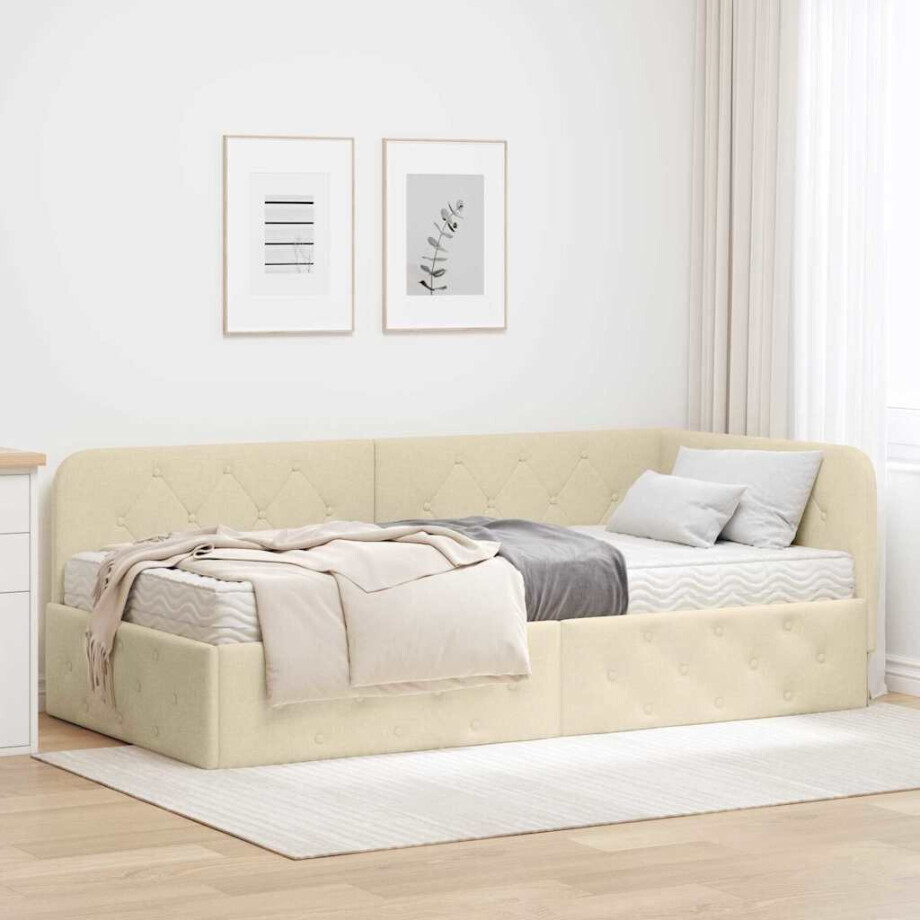 vidaXL Hoekbedframe met matras met hoofdeinde Crème 90 x 190 cm Stof vidaXL Hoekbedframe met matras met hoofdeinde Crème 90 x 190 cm Stof afbeelding 1