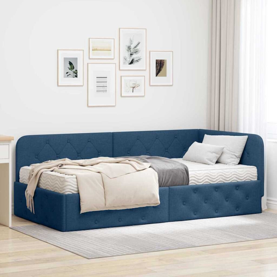 vidaXL Hoekbedframe met matras met hoofdeinde Blauw 90 x 200 cm Stof vidaXL Hoekbedframe met matras met hoofdeinde Blauw 90 x 200 cm Stof afbeelding 1