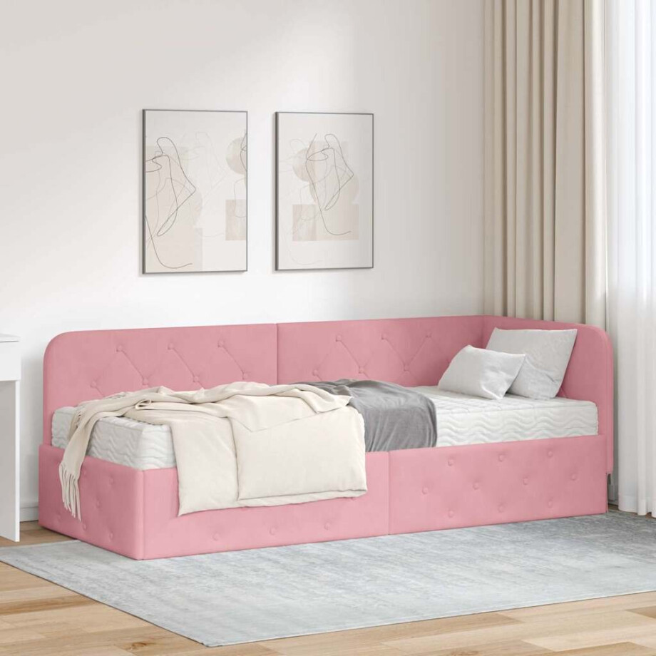 vidaXL Hoekbedframe met matras met hoofdeinde Roze 80 x 200 cm Fluweel afbeelding 1