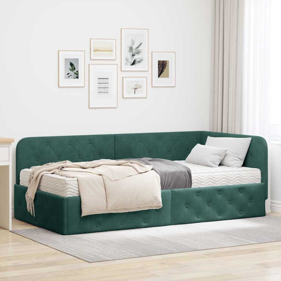 vidaXL Hoekbedframe met matras Donkergroen 90 x 190 cm Fluweel afbeelding 1