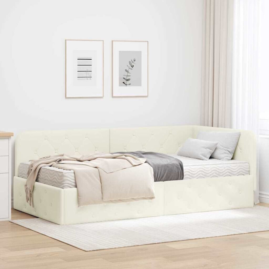 vidaXL Hoekbedframe met matras Crème 90 x 190 cm Fluweel vidaXL Hoekbedframe met matras Crème 90 x 190 cm Fluweel afbeelding 1