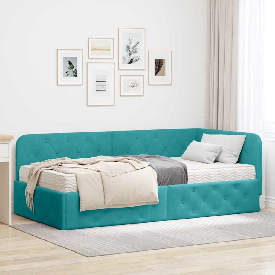 vidaXL Hoekbedframe met matras Turquoise 90 x 200 cm Fluweel afbeelding 1