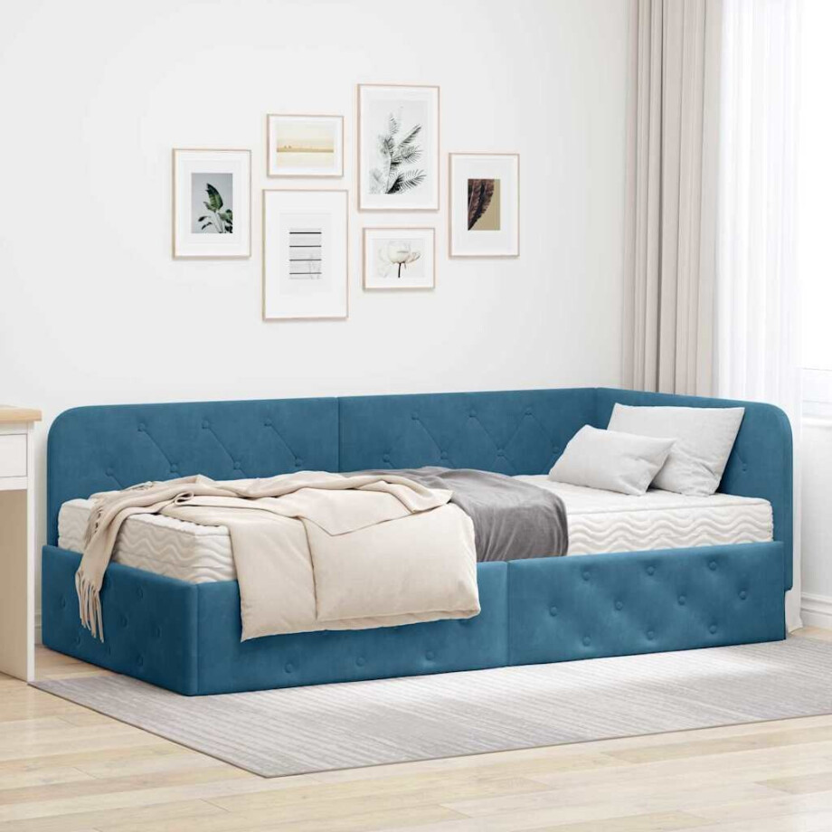 vidaXL Hoekbedframe met matras Blauw 100 x 200 cm Fluweel vidaXL Hoekbedframe met matras Blauw 100 x 200 cm Fluweel afbeelding 1