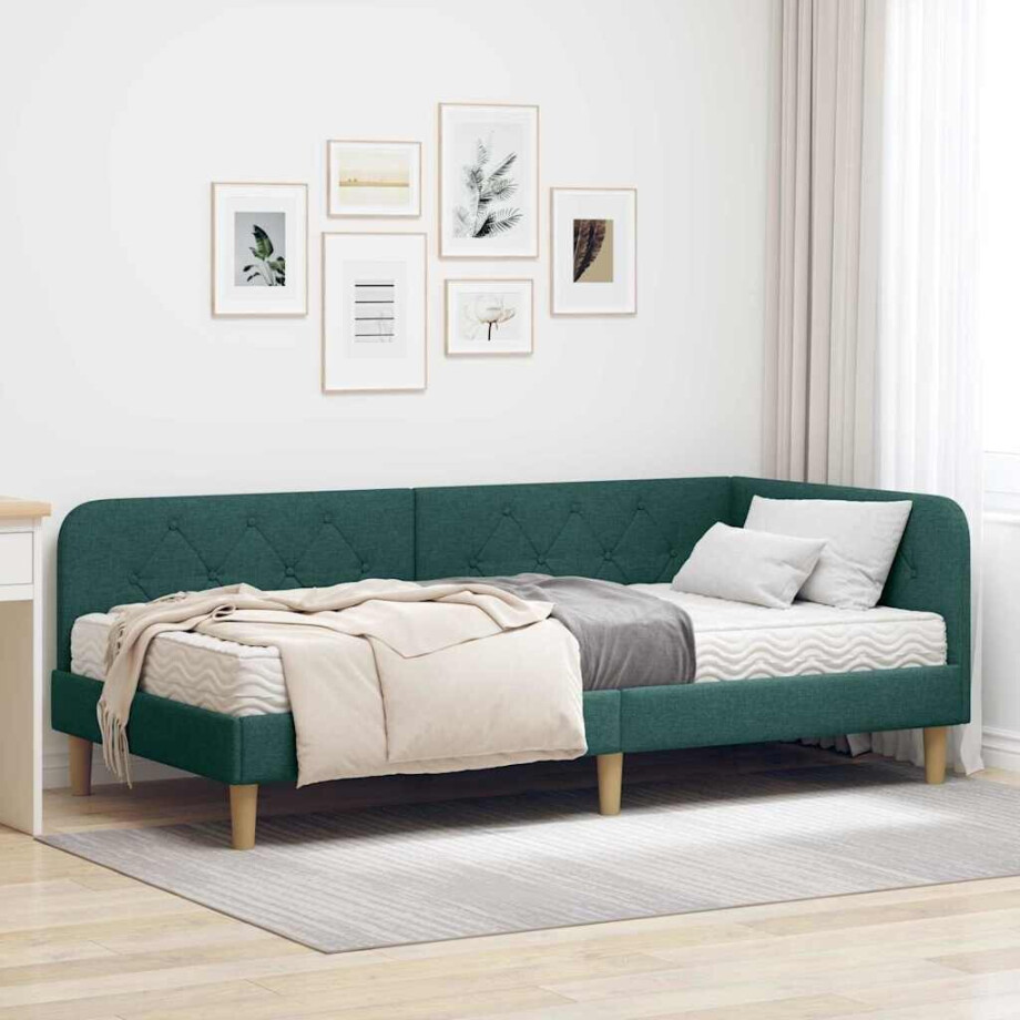 vidaXL Hoekbedframe met matras Donkergroen 90 x 190 cm Stof vidaXL Hoekbedframe met matras Donkergroen 90 x 190 cm Stof afbeelding 1