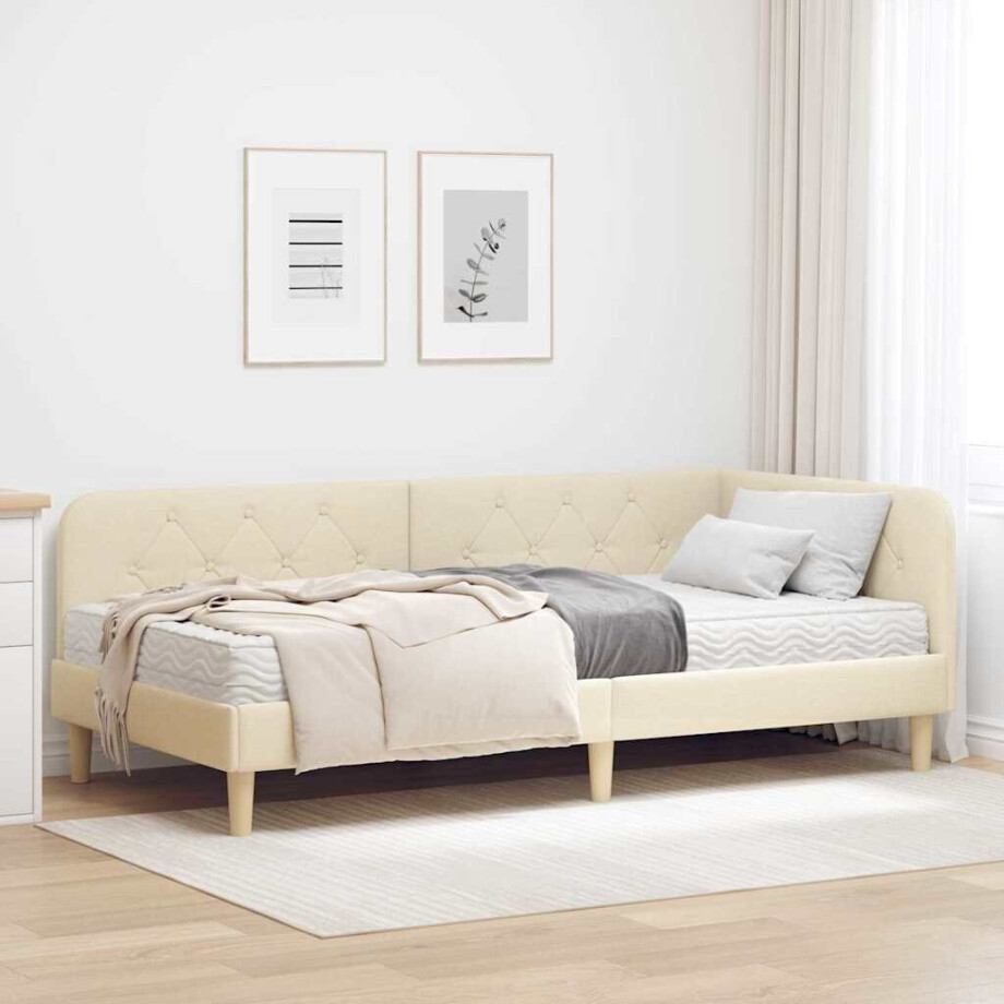 vidaXL Hoekbedframe met matras met hoofdeinde Crème 90 x 200 cm Stof vidaXL Hoekbedframe met matras met hoofdeinde Crème 90 x 200 cm Stof afbeelding 1