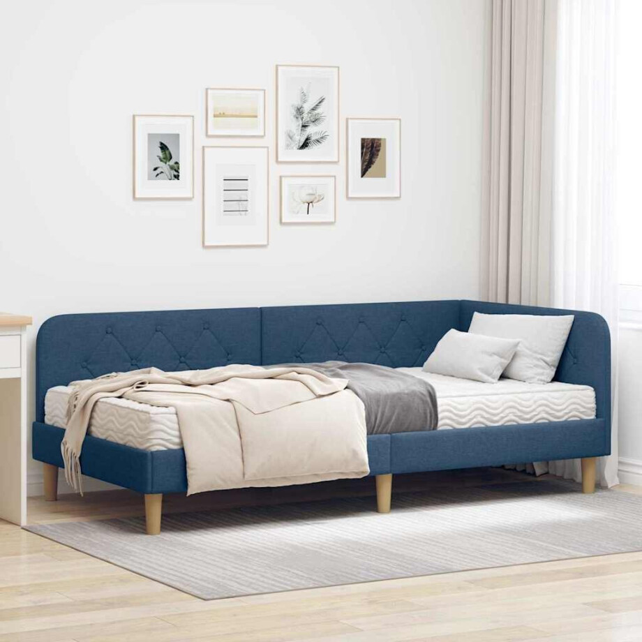 vidaXL Hoekbedframe met matras met hoofdeinde Blauw 90 x 200 cm Stof vidaXL Hoekbedframe met matras met hoofdeinde Blauw 90 x 200 cm Stof afbeelding 1