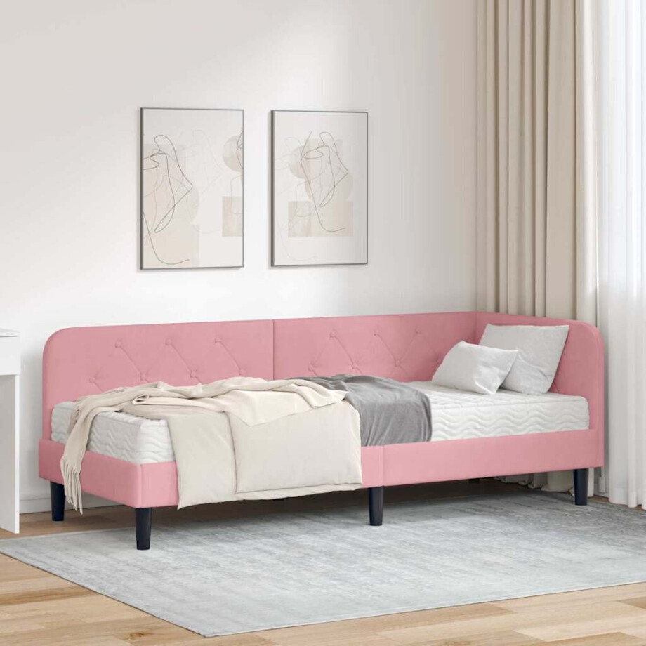 vidaXL Hoekbedframe met matras met hoofdeinde Roze 80 x 200 cm Fluweel vidaXL Hoekbedframe met matras met hoofdeinde Roze 80 x 200 cm Fluweel afbeelding 1