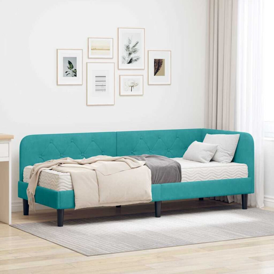 vidaXL Hoekbedframe met matras Turquoise 80 x 200 cm Fluweel vidaXL Hoekbedframe met matras Turquoise 80 x 200 cm Fluweel afbeelding 1