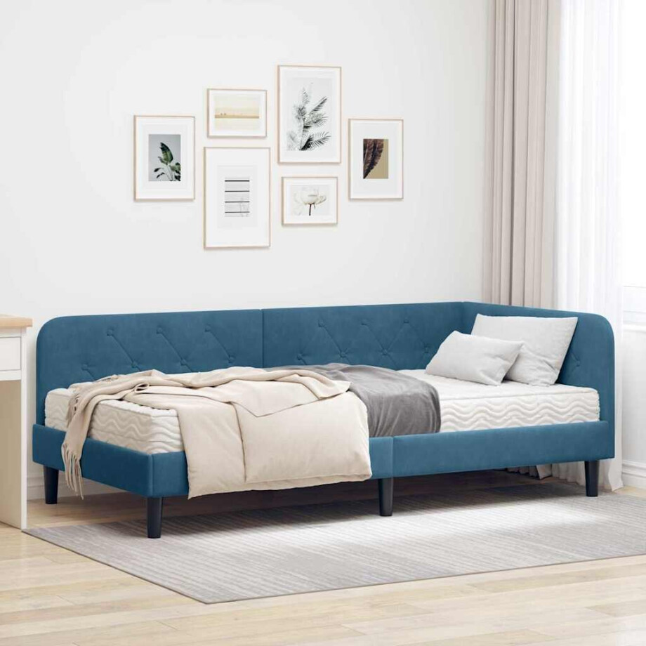 vidaXL Hoekbedframe met matras Blauw 90 x 190 cm Fluweel vidaXL Hoekbedframe met matras Blauw 90 x 190 cm Fluweel afbeelding 1