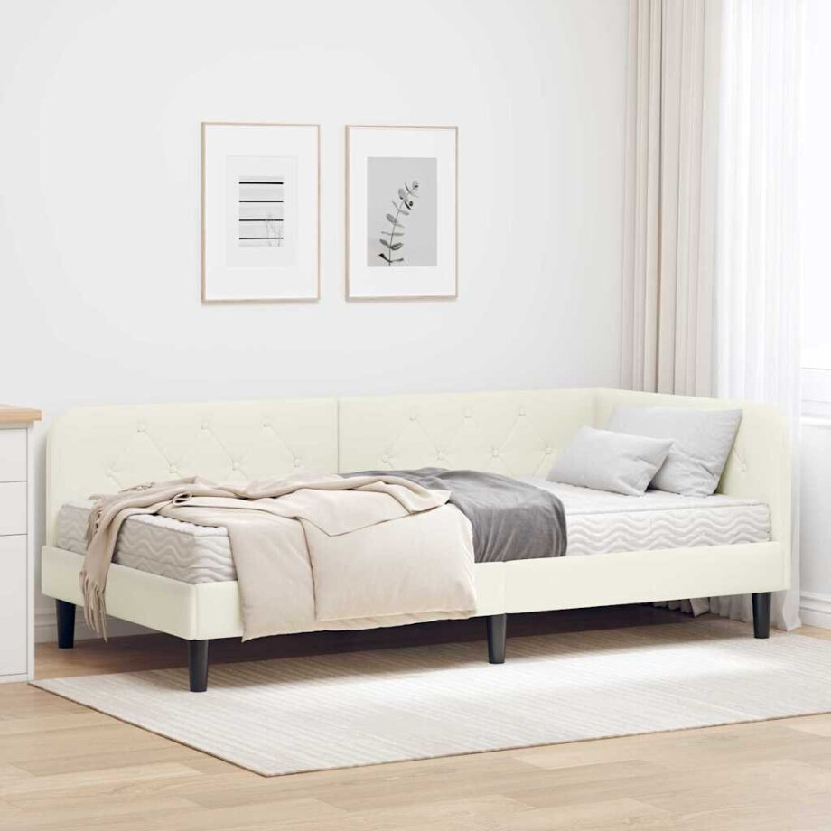 vidaXL Hoekbedframe met matras Crème 90 x 190 cm Fluweel vidaXL Hoekbedframe met matras Crème 90 x 190 cm Fluweel afbeelding 1