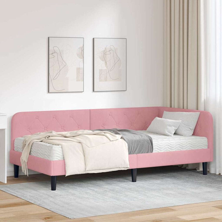 vidaXL Hoekbedframe met matras met hoofdeinde Roze 90 x 200 cm Fluweel vidaXL Hoekbedframe met matras met hoofdeinde Roze 90 x 200 cm Fluweel afbeelding 1