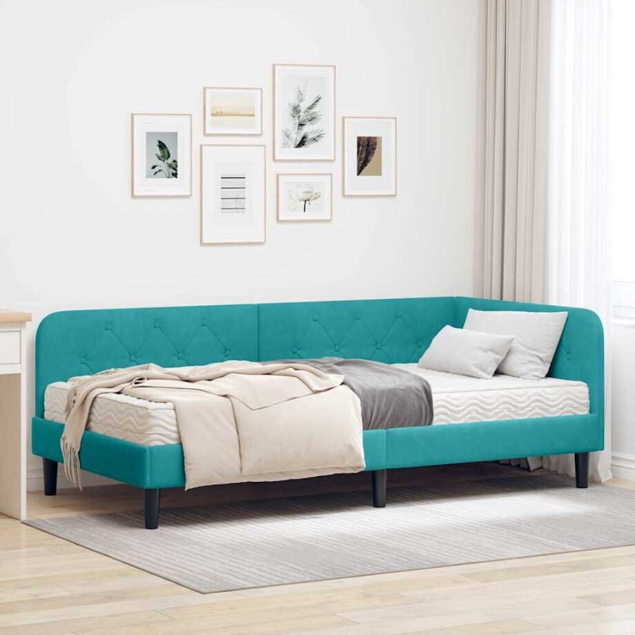 vidaXL Hoekbedframe met matras Turquoise 100 x 200 cm Fluweel vidaXL Hoekbedframe met matras Turquoise 100 x 200 cm Fluweel afbeelding 1
