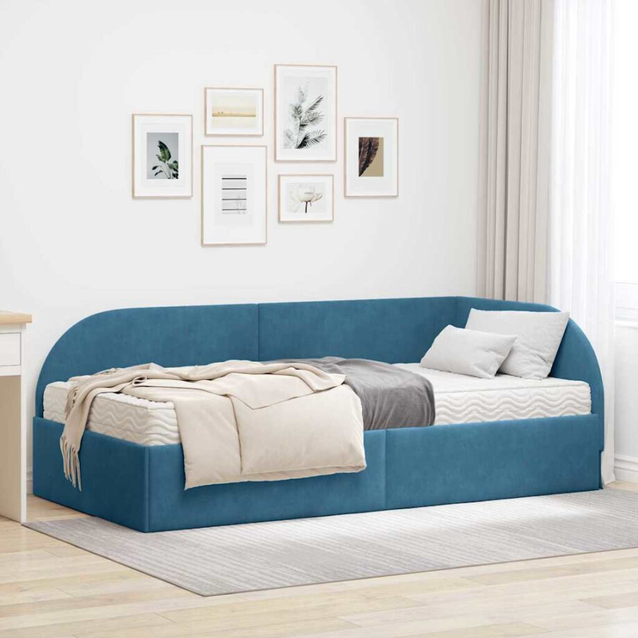 vidaXL Hoekbedframe met Matras met hoofdeinde 2 pcs Blauw Fluweel afbeelding 1