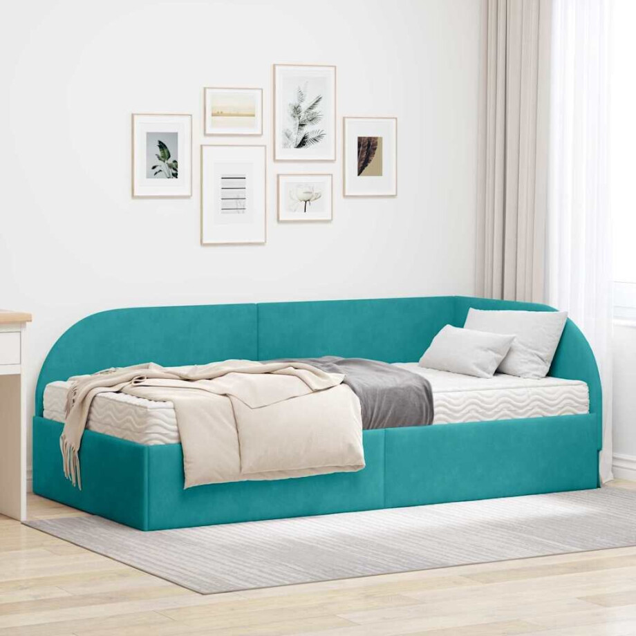 vidaXL Hoekbedframe met Matras met hoofdeinde 2 pcs Turquoise Fluweel afbeelding 1