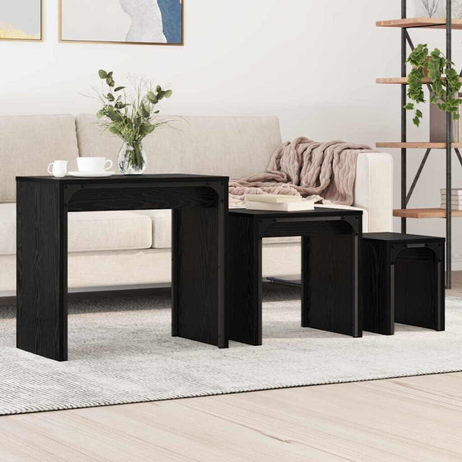 vidaXL Salontafel 3 pcs Zwart Eiken Bewerkt hout afbeelding 1