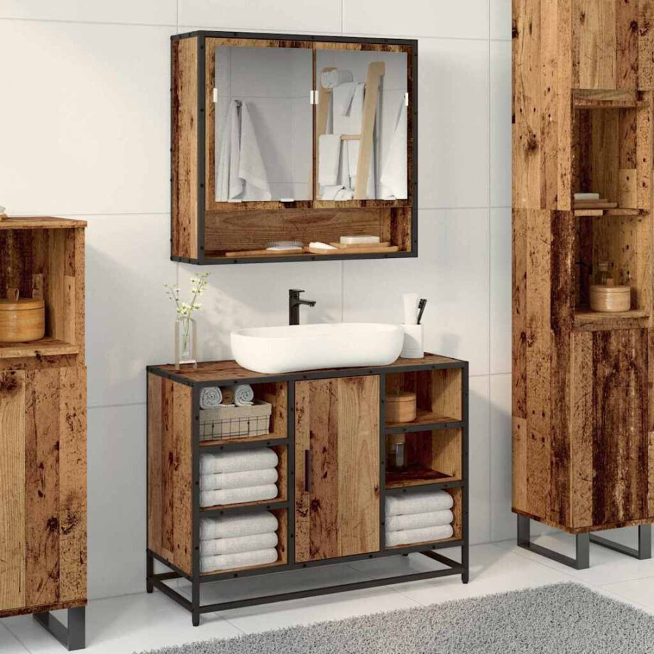 vidaXL Wandplank met plank Wandgemonteerd Oudhout 65 x 20 x 60 cm afbeelding 1