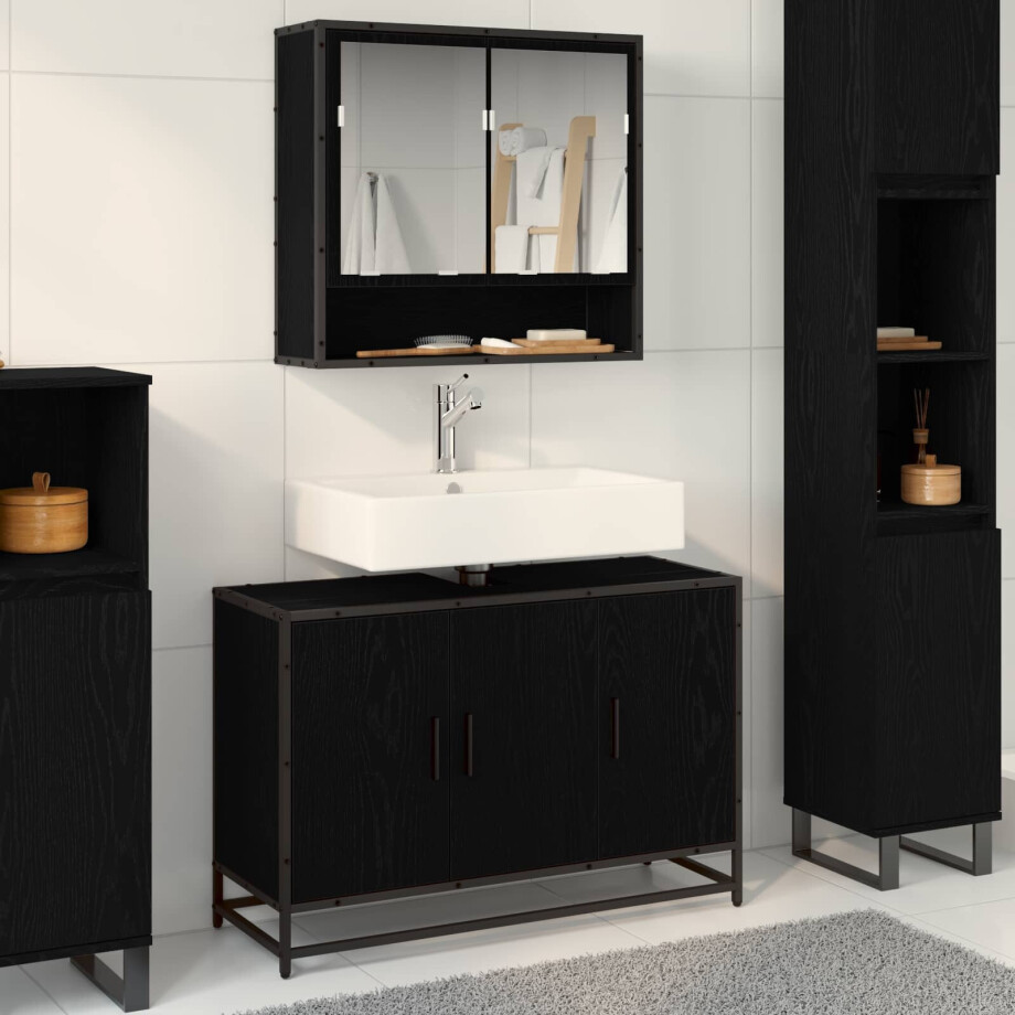 vidaXL Badkamerkast Zwart Eiken 90 x 33 x 60 cm Bewerkt hout vidaXL Badkamerkast Zwart Eiken 90 x 33 x 60 cm Bewerkt hout afbeelding 1