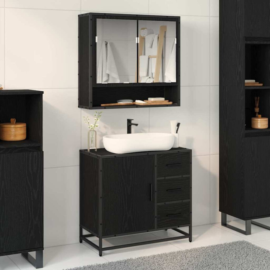 vidaXL Badkamerkast met lade Zwart Eiken 65 x 33 x 60 cm Bewerkt hout vidaXL Badkamerkast met lade Zwart Eiken 65 x 33 x 60 cm Bewerkt hout afbeelding 1