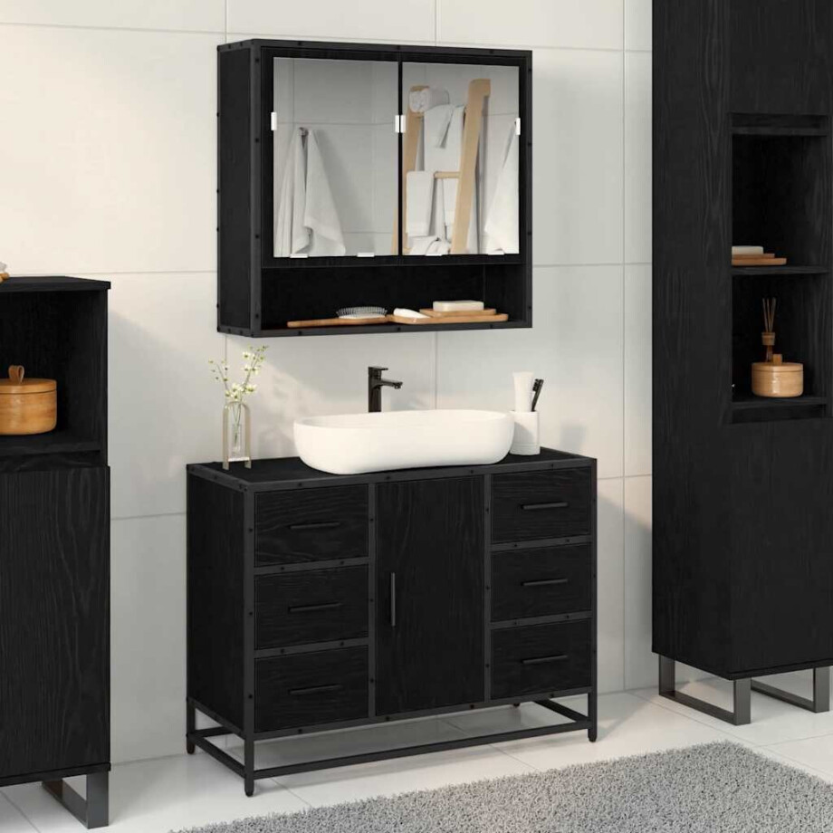 vidaXL Badkamerkast met lade Zwart Eiken 80 x 33 x 60 cm Bewerkt hout afbeelding 1