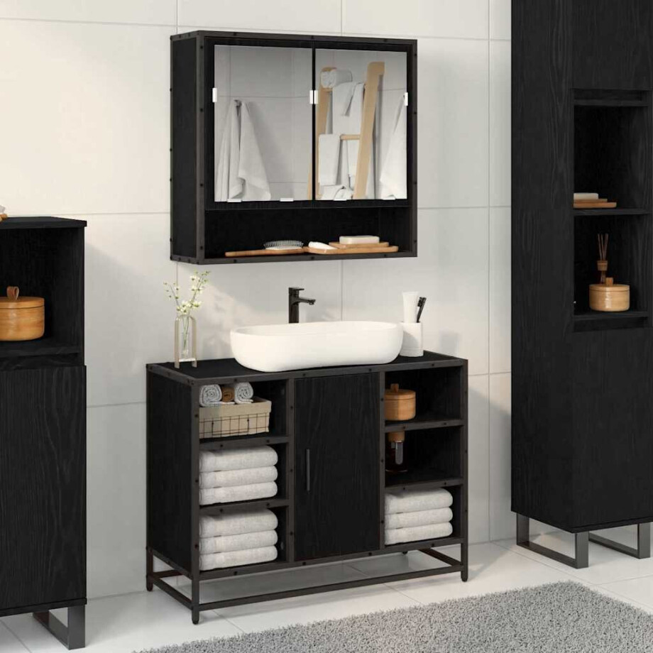 vidaXL Badkamerkast met plank Zwart Eiken 80 x 33 x 60 cm Bewerkt hout afbeelding 1