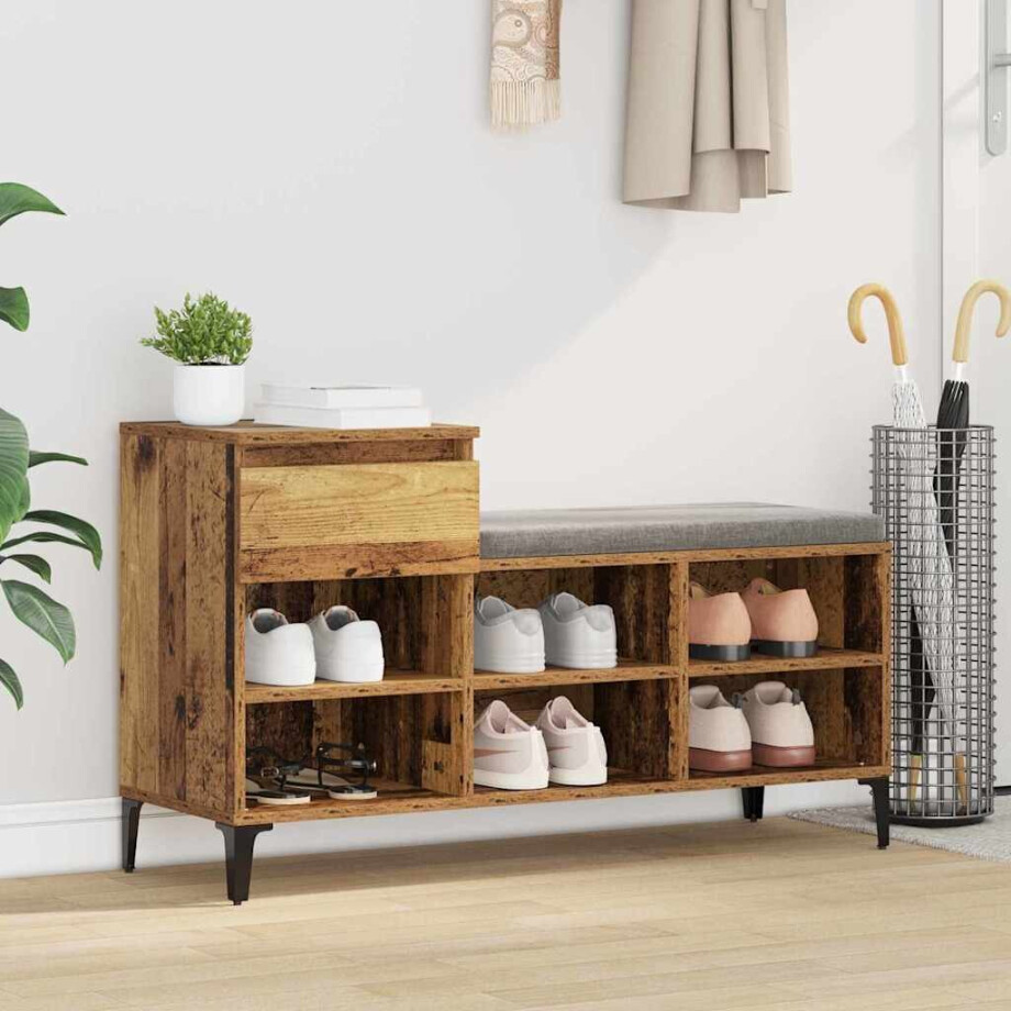 vidaXL Schoenenkast met lade Oud hout 102 x 36 x 60 cm Bewerkt hout afbeelding 1