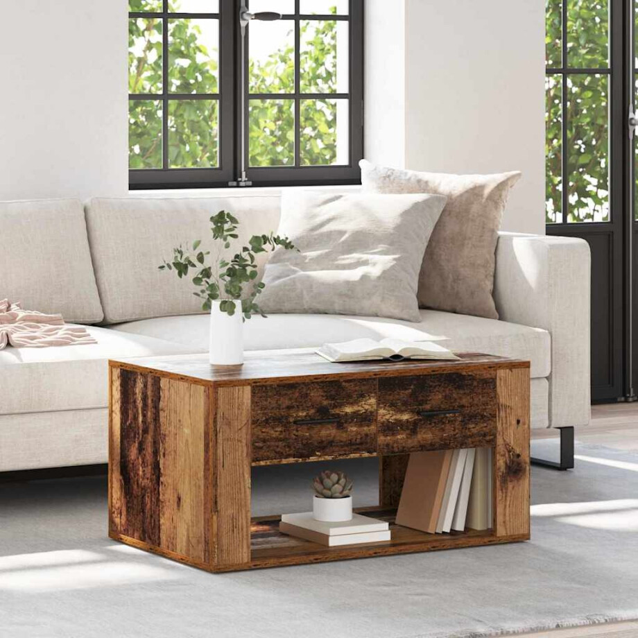 vidaXL Salontafel met lade Oud Hout 80 x 50 x 40 cm Bewerkt hout afbeelding 1