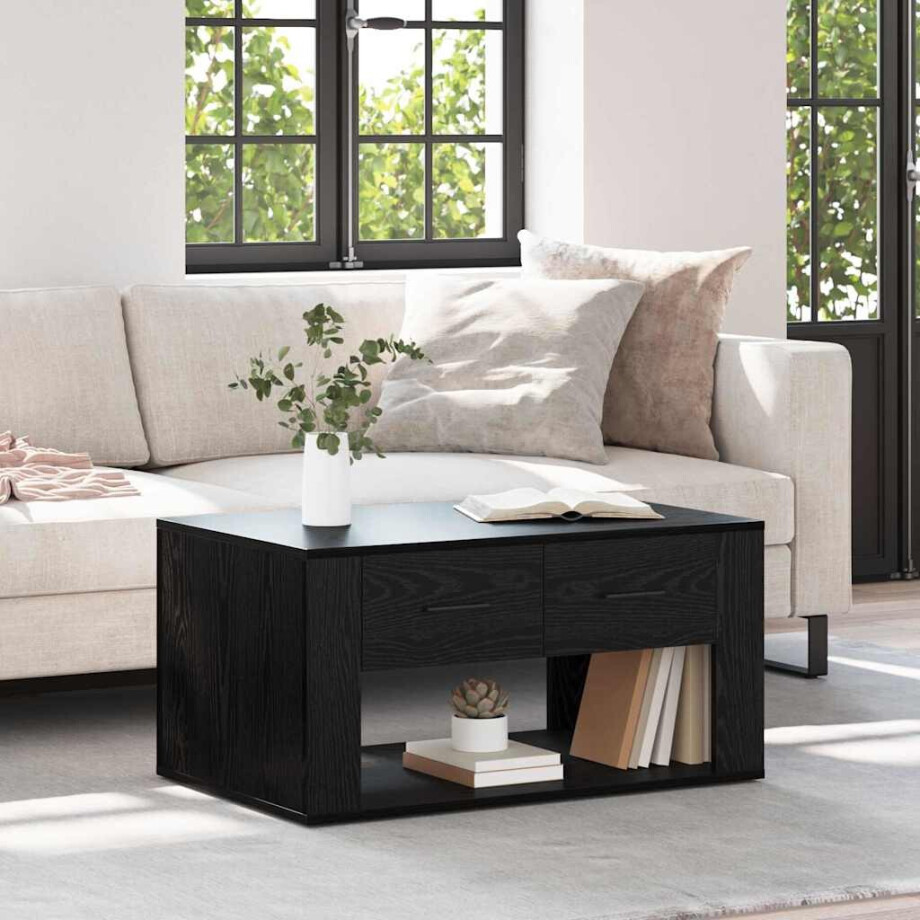vidaXL Salontafel met lade Zwart Eiken 80 x 50 x 40 cm Bewerkt hout vidaXL Salontafel met lade Zwart Eiken 80 x 50 x 40 cm Bewerkt hout afbeelding 1