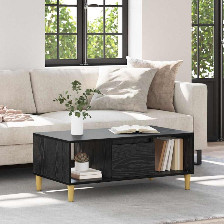 vidaXL Salontafel met lade Zwart Eiken 90 x 50 x 26.5 cm Bewerkt hout afbeelding 1