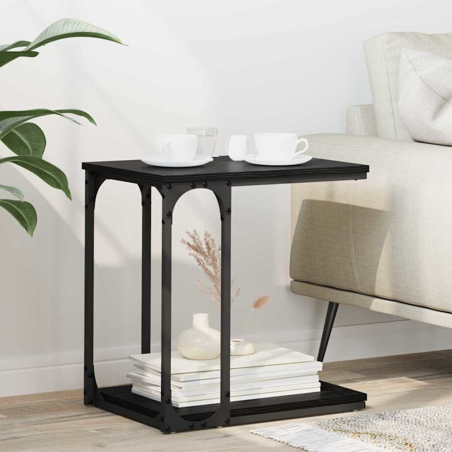 vidaXL Bijzettafel met plank Zwart eiken 50 x 35 x 52 cm Bewerkt hout afbeelding 1