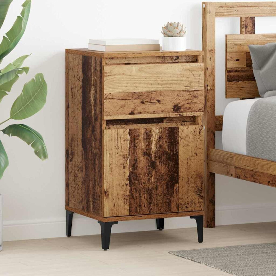 vidaXL Nachtkastje met lade Oudhout 40 x 35 x 70 cm Bewerkt hout afbeelding 1
