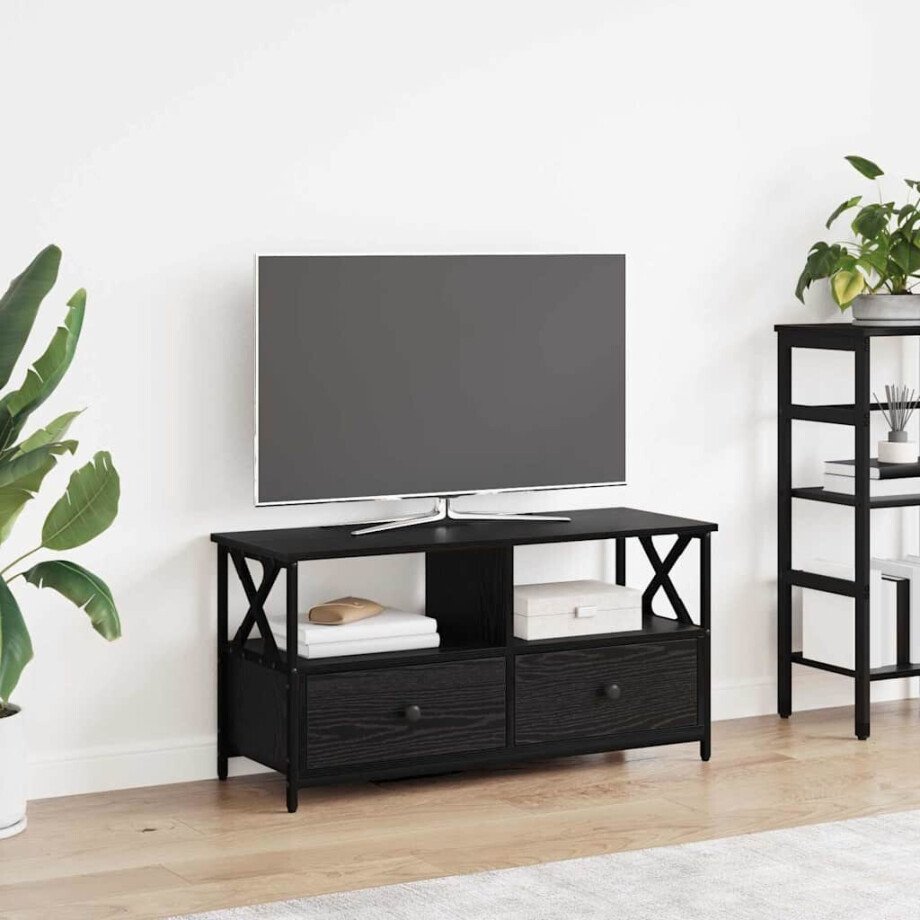 vidaXL TV-kast Zwart Eiken 90 x 33 x 45 cm Engineered hout en staal vidaXL TV-kast Zwart Eiken 90 x 33 x 45 cm Engineered hout en staal afbeelding 1