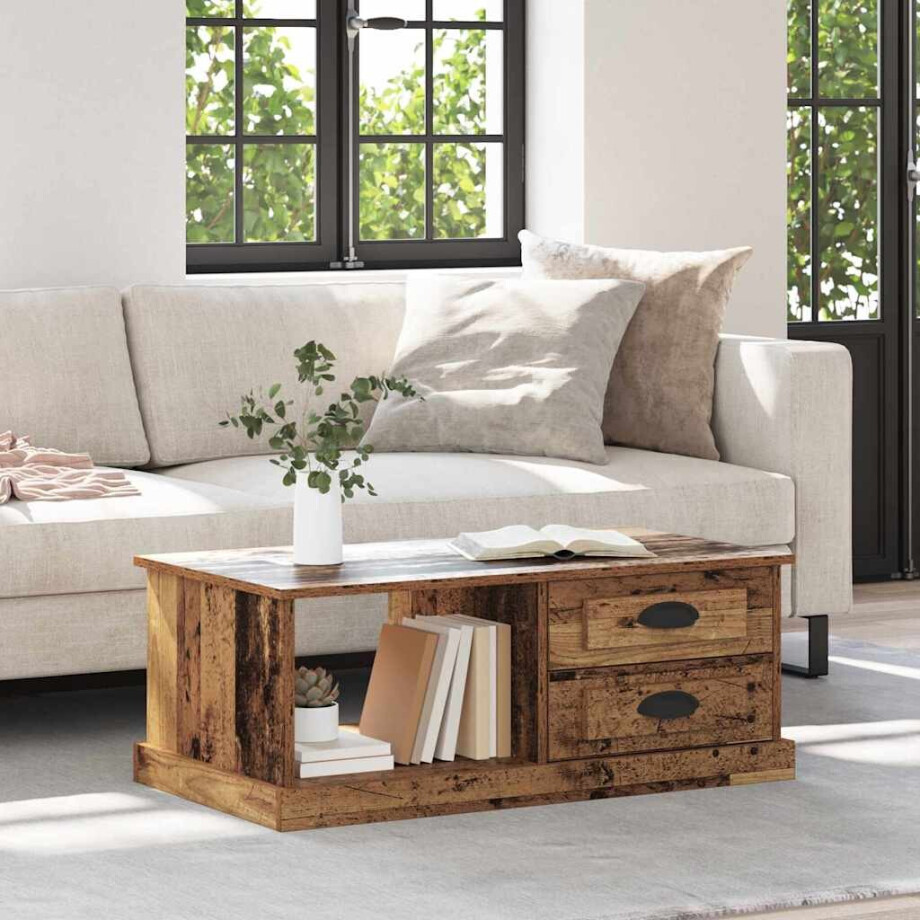 vidaXL Salontafel met lade Oud Hout 90 x 50 x 35 cm Bewerkt hout afbeelding 1