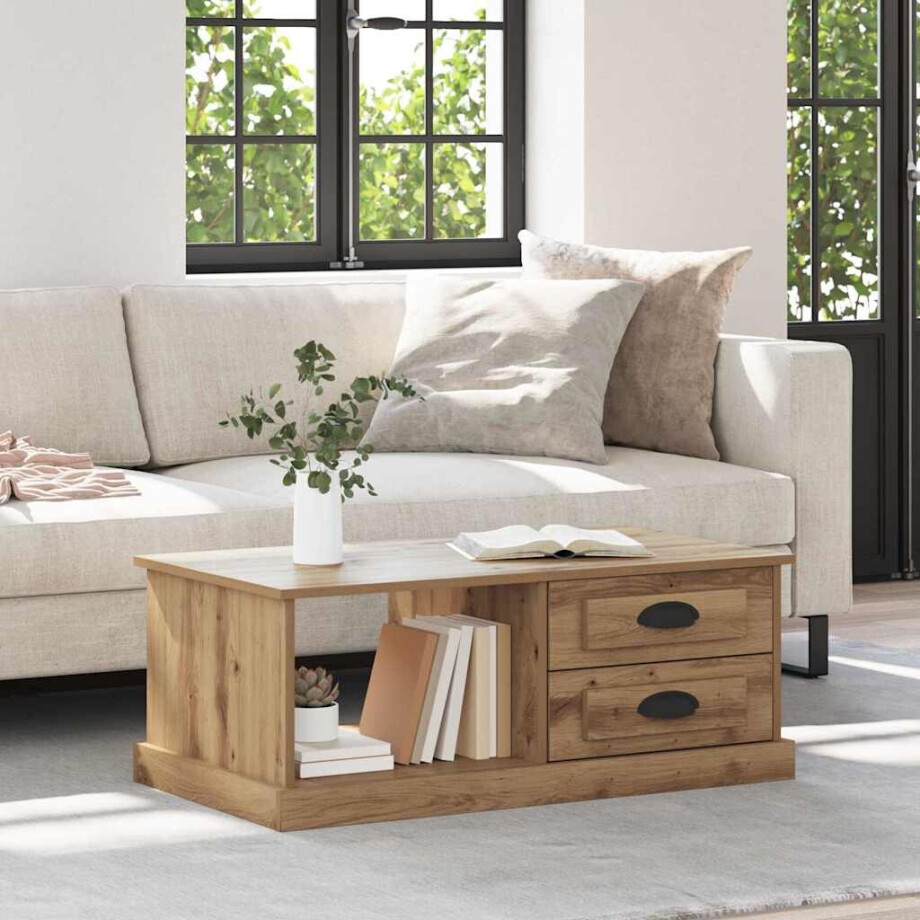 vidaXL Salontafel met lade Artisan Eiken 90 x 50 x 35 cm Bewerkt hout vidaXL Salontafel met lade Artisan Eiken 90 x 50 x 35 cm Bewerkt hout afbeelding 1