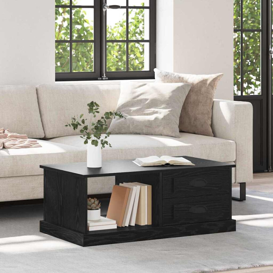 vidaXL Salontafel met lade Zwart Eiken 90 x 50 x 35 cm Bewerkt hout vidaXL Salontafel met lade Zwart Eiken 90 x 50 x 35 cm Bewerkt hout afbeelding 1